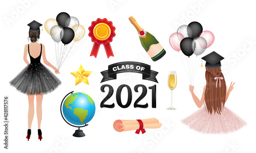 Class of 2021 graduation clip art collection. Pretty girl celebrating graduation. 