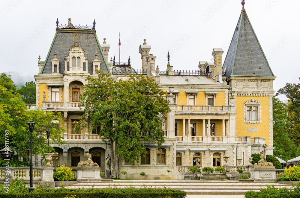 Massandra palace of Alexander III in Crimea. Elegant palace for Russian Emperor is architectural monument of the end XIX century in Upper Massandra. Yalta, Crimea, Russia - September 30, 2019