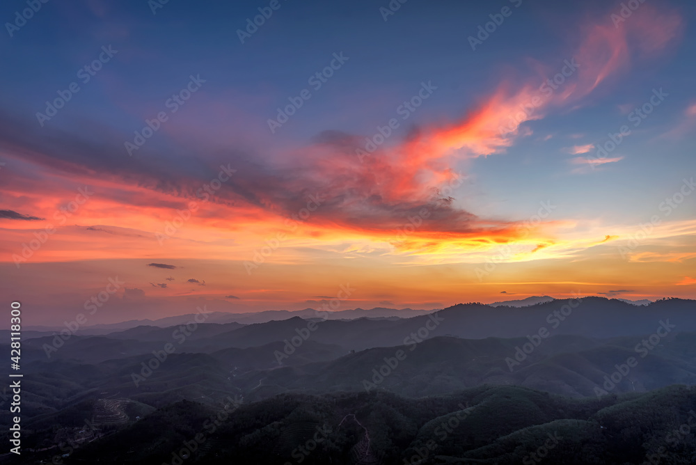 Beautiful scenery of mountains during sunset time. Taken at Betong district, Yala province in Thailand.