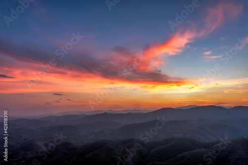 Beautiful scenery of mountains during sunset time. Taken at Betong district, Yala province in Thailand. © Jack