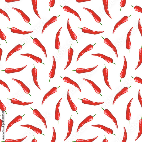 Red chili seamless pattern on white background. Pepper print. Gouache cayenne hand drawn painting.
