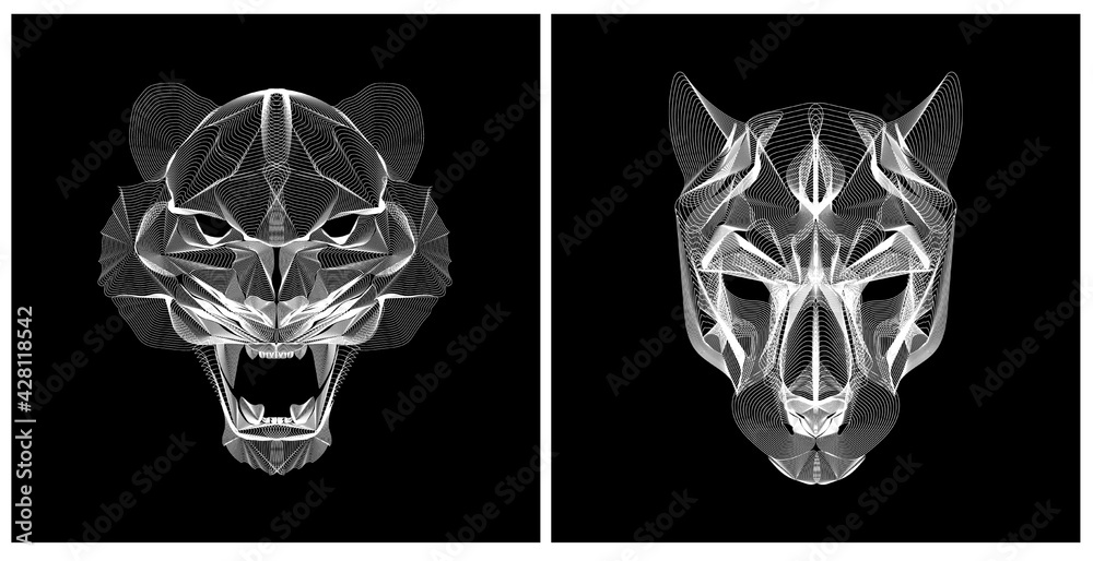 lineart illustration tiger head black and white color