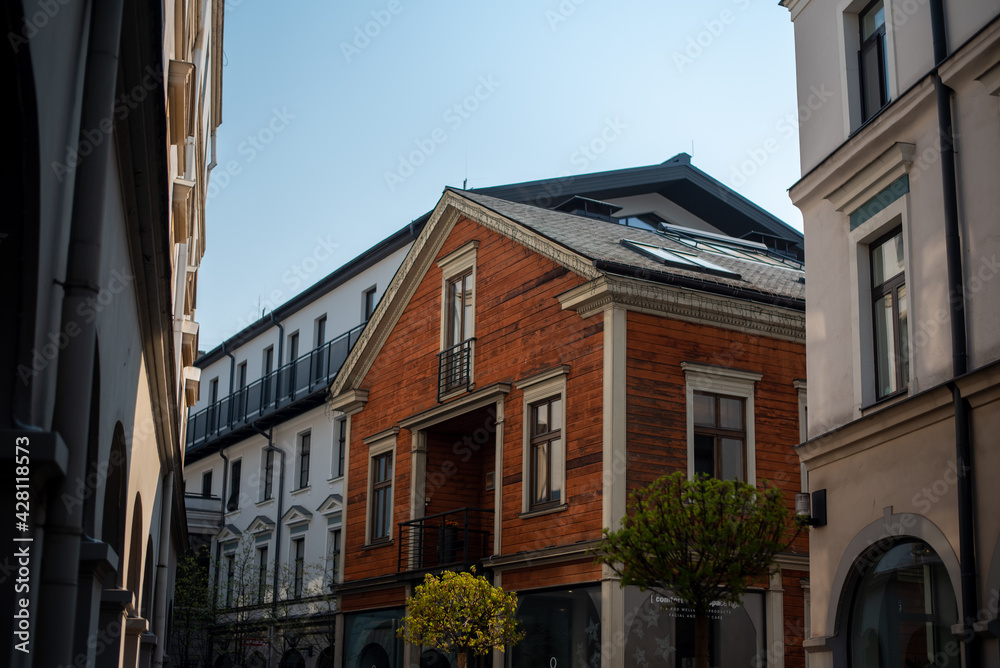 Fototapeta premium Berga bazars district in Riga, Latvia. Wooden house