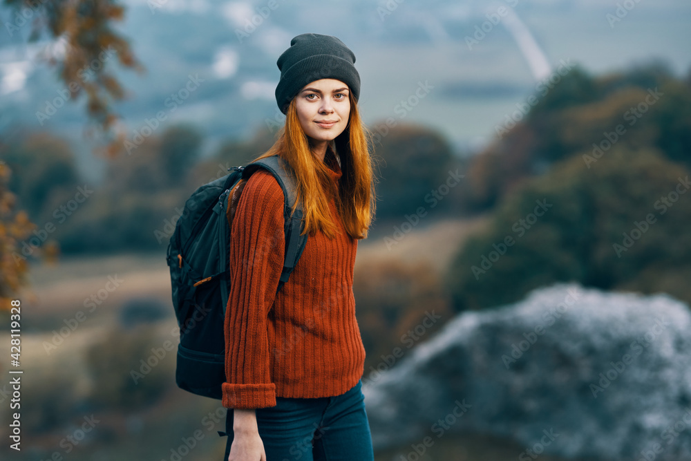 Women hiker backpack travel adventure nature fun Women hiker backpack travel adventure nature fun