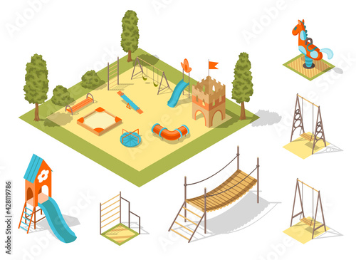 Isometric playground concept for outdoor family pastime. Playful kindergarten. Colored 3d isometric kids playground with park objects and gaming complexes