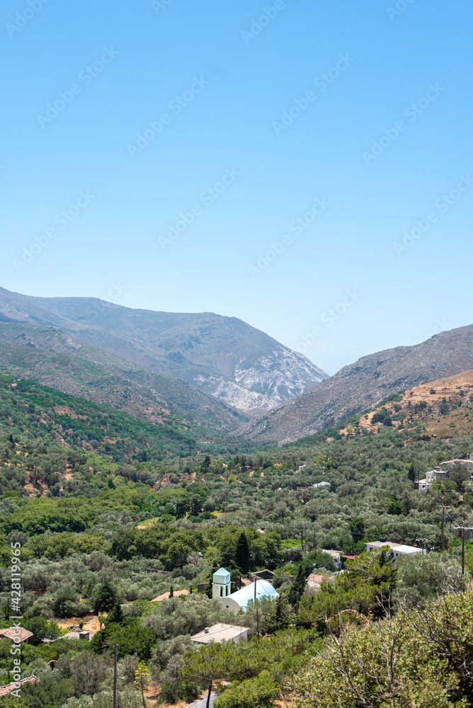 A view of a valley between mountains in Crete island, Greece