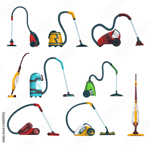 Vacuum cleaner modern icons set. Carpet cleaner items and washing robot cyclones. Cartoon vector cleaning equipment for home, office or car