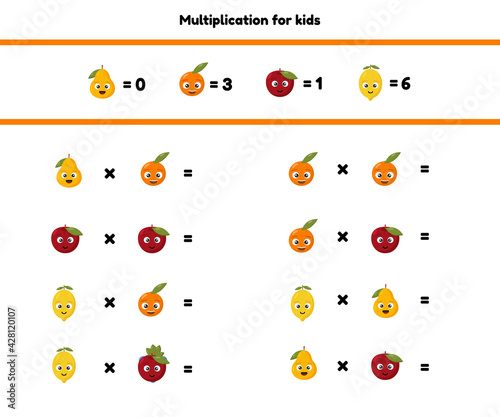 Math game for preschool and school age children. Count and insert the correct numbers. Multiplication. Fruits.