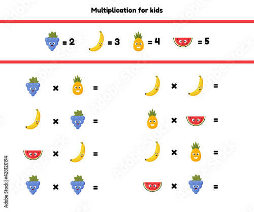 Math game for preschool and school age children. Count and insert the correct numbers. Multiplication. Fruits.