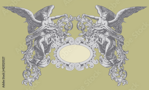 vector image of coat of arms with angels in vintage engraving style