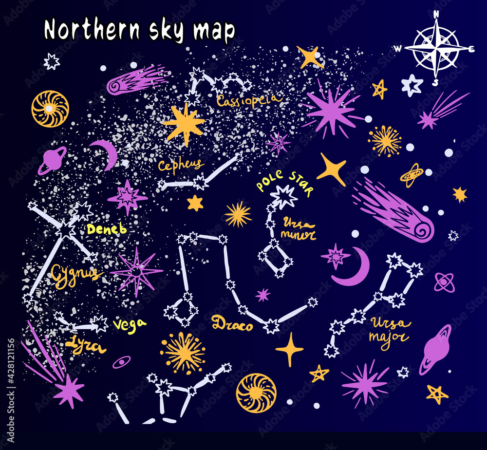 Constellations map in doodle style with planets, comets and stars. Night sky hand drawn astronomical background. 