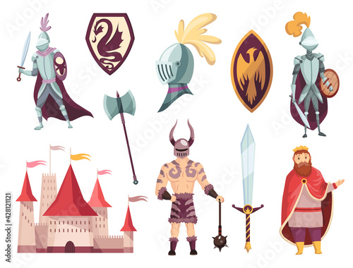 Medieval kingdom characters of middle ages historic period vector Illustrations. Peoples and object set. Knight in full armor, castle, fortress and shields.