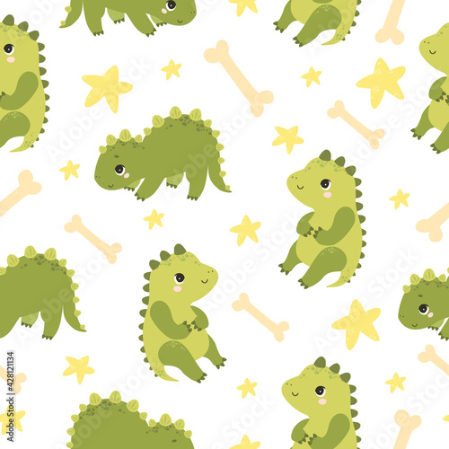 cute vector seamless pattern with dinosaurs. background for kids  dinosaur bones. wild animals