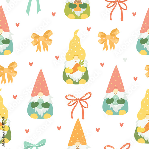 pattern spring easter gnomes. cute gnome characters in bright colors, easter eggs and cakes