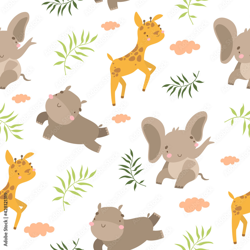 Obraz premium vector seamless pattern safari animals. exotic pattern with giraffe, hippo and elephant, cute animals on palm leaves background