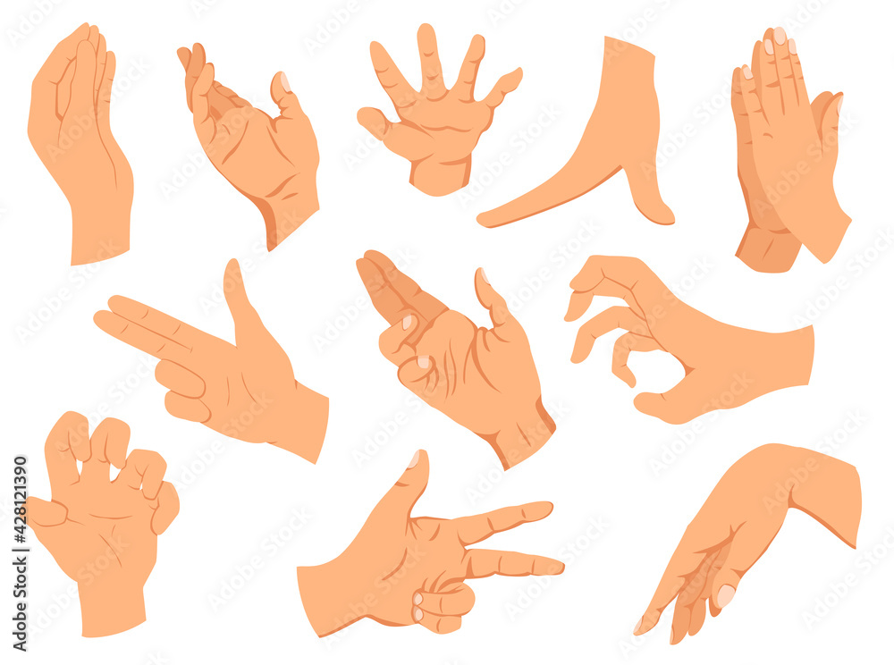 Hands gestures.Vector illustration set hands in different interpretations, showing signal, emotions or signs. Flat design modern concept Hands gestures.Vector illustration set hands in different interpretations, showing signal, emotions or signs. Flat design modern concept