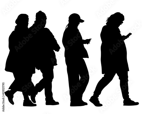 Crowds people walking on street. Isolated silhouette on a white background