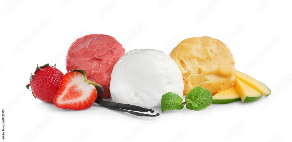 Scoops of different ice creams, fresh fruits and vanilla on white background Scoops of different ice creams, fresh fruits and vanilla on white background