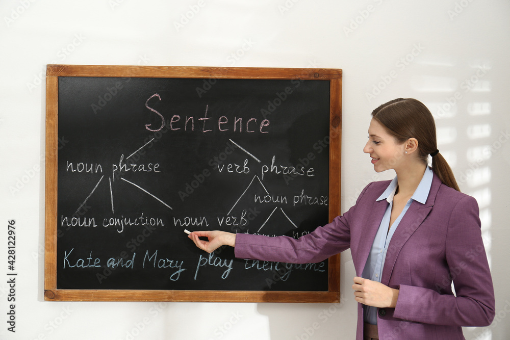 English teacher giving sentence construction rules near blackboard in classroom English teacher giving sentence construction rules near blackboard in classroom