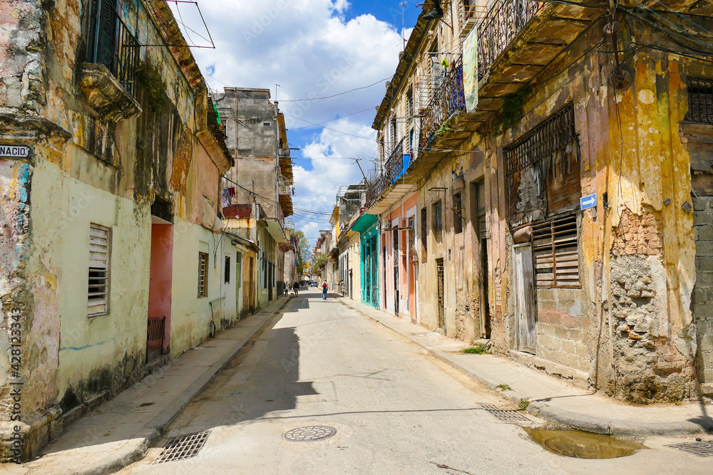 Cuba, Havana, , Street with houses in poor condition
