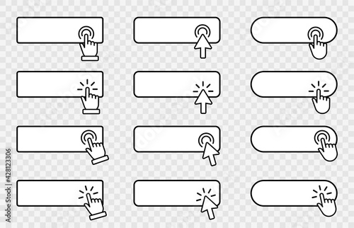 Click cursor blank button on transparent background. Clicking banner template. Click here web buttons with hand pointer and arrow isolated. Vector illustration.