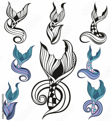 Mermaid tails and water splashes set
