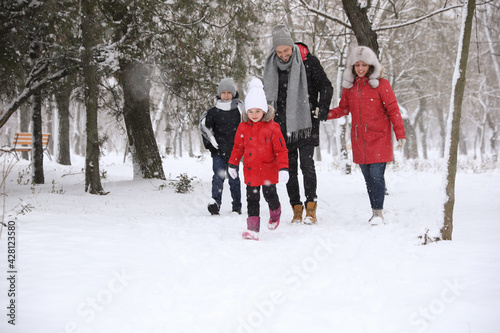 Fototapeta Naklejka Na Ścianę i Meble -  Family spending time outside on winter day. Christmas vacation
