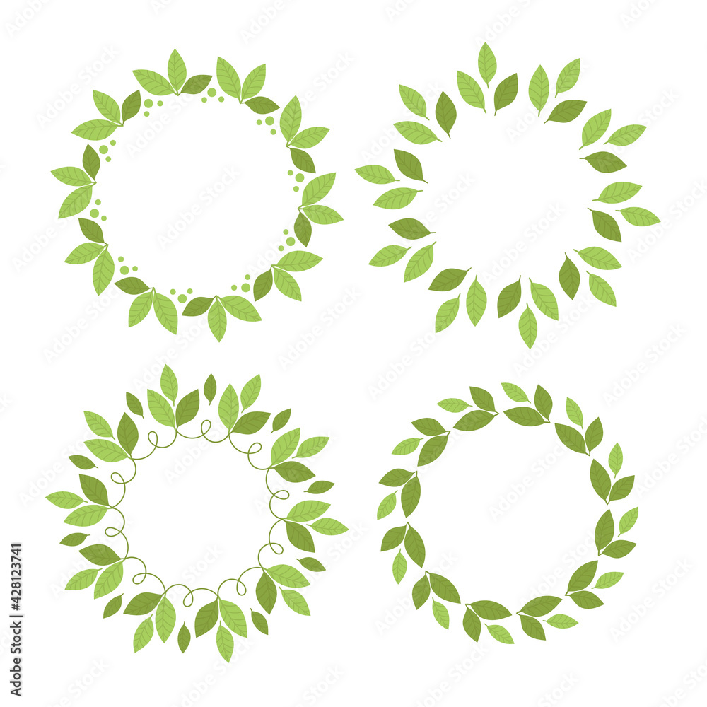 Set round frames with green leaves. Template, place for text, design of cards, banners. Green tea leaves, matcha. Healthy lifestyle, ecology, spring frame. Illustration in flat style