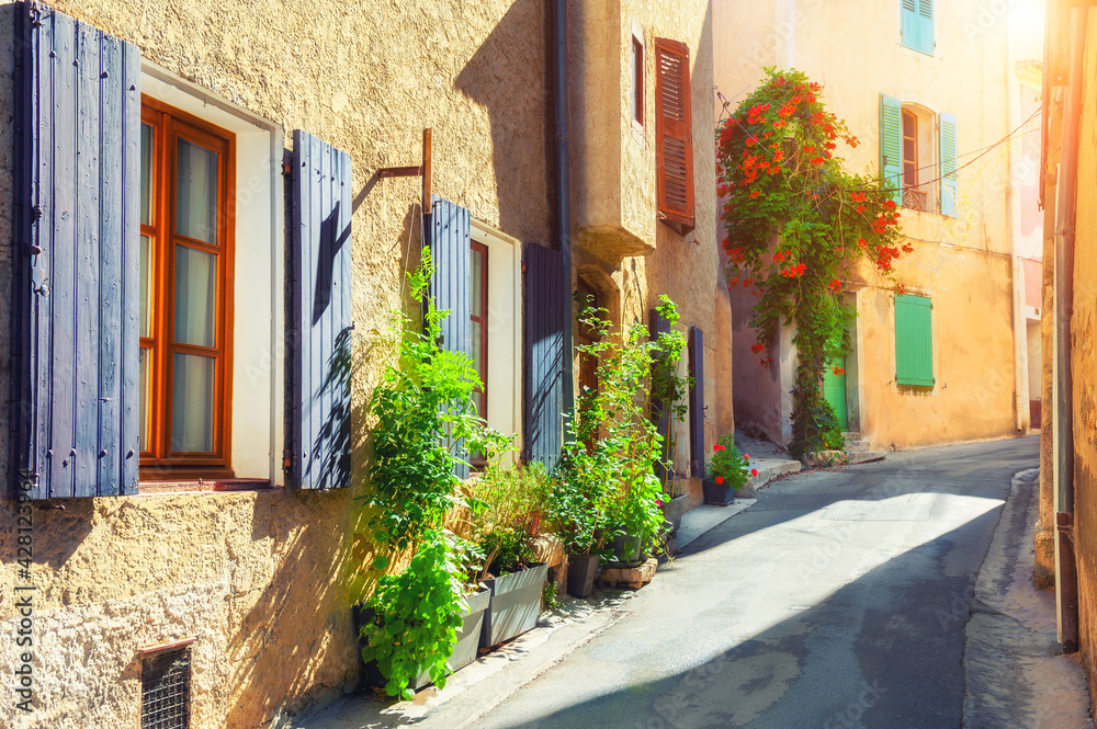 Old architecture on the cozy street in Valensole, Provence, France. Famous tavel destination