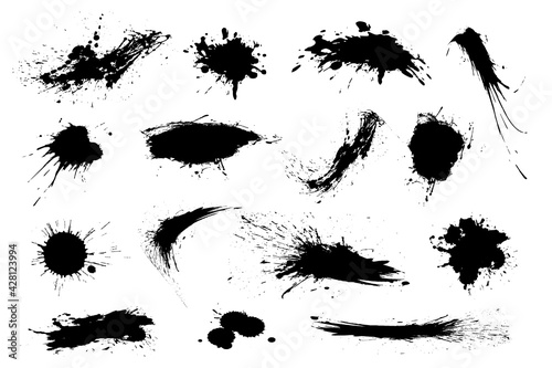 Set of black blots, brush strokes. Vector collection of artistic grungy black paint hand made creative brush stroke set isolated on white background. Grunge Design Elements. Vector illustration EPS10