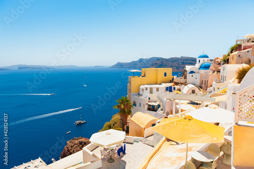 Traditional greek architecture on Santorini island, Greece. Summer landscape, sea view. Famous travel destination