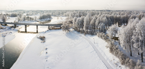 Frost on the trees on a snowy winter day. Skrunda, Latvia. Captured from above.