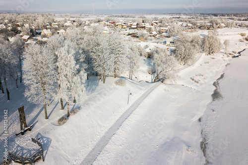 Frost on the trees on a snowy winter day. Skrunda  Latvia. Captured from above.