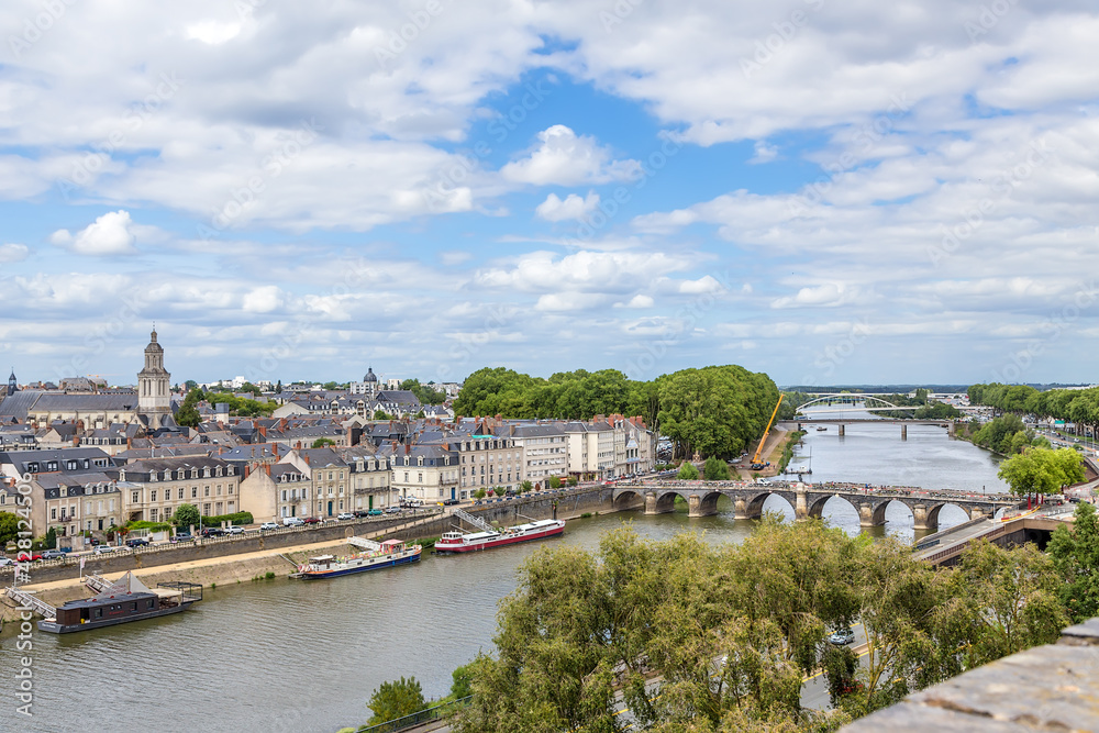 Angers, France. Scenic view of the city and the Maine river with bridges 