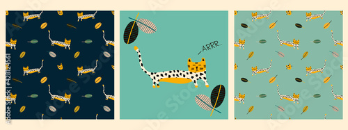 Vector set of posters and patterns with a tiger in tropical leaves and the inscription arrrr on a colored background in the Scandinavian style. Children's illustration for pajamas, posters, postcards