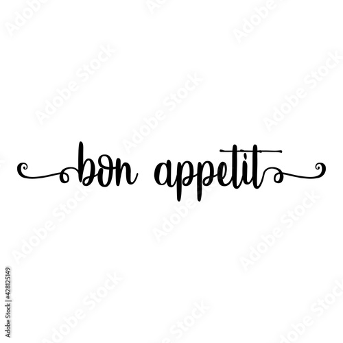 Banner con texto manuscrito bon appetit en francés escrito a mano con florituras en color negro