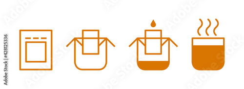 Drip bag coffee brewing instruction icons set. Step by step cooking instruction