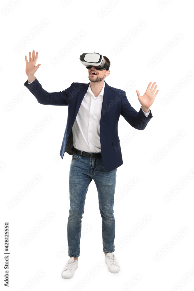 Man using virtual reality headset on white background Man using virtual reality headset on white background