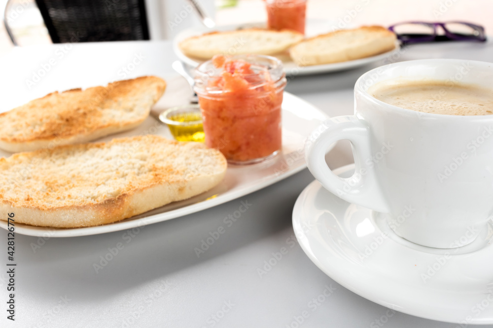 Spanish tomato toast, traditional breakfast or lunch Spanish tomato toast, traditional breakfast or lunch
