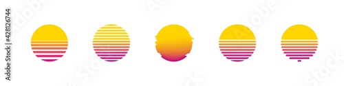 Sun retro set sunset or sunrise element 1980s style. Retrowave sun flat design banner isolated illustration