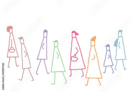 いろんな色の人物が歩く手描き線画イラスト