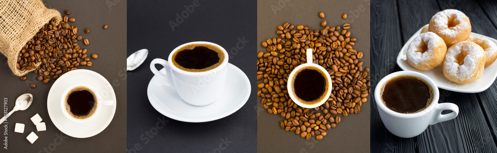 Collage of black coffee in the white cup and coffee beans on the dark background Collage of black coffee in the white cup and coffee beans on the dark background