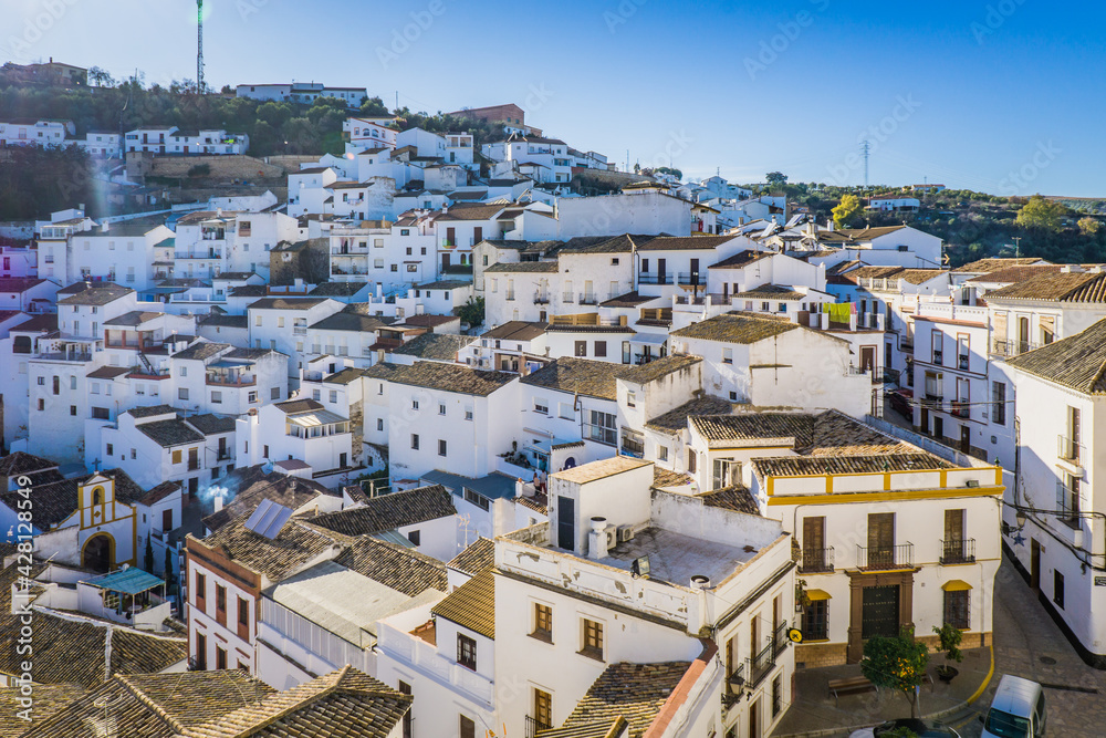 View on the white houses of the small village of Setenil de las Bodegas, one of the most famous white villages (Pueblo Blanco) of Andalusia, Spain