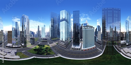 Panorama of the city. Environment map. HDRI map. equidistant projection. Spherical panorama.
3D rendering