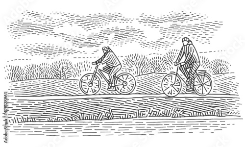 People cycling along the river/lake. A couple riding bicycles hand drawn engraving/line art style illustration. 
