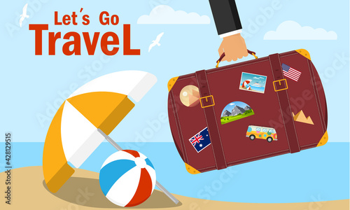 Let's go travel banner. Travel poster with hand holding suitcase. Vector, cartoon illustration. Vector.