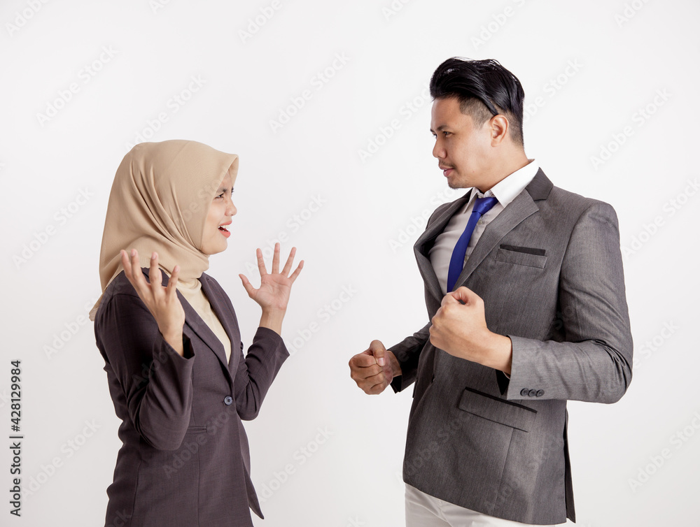 two young business colleagues playful work in office concept isolated white background two young business colleagues playful work in office concept isolated white background