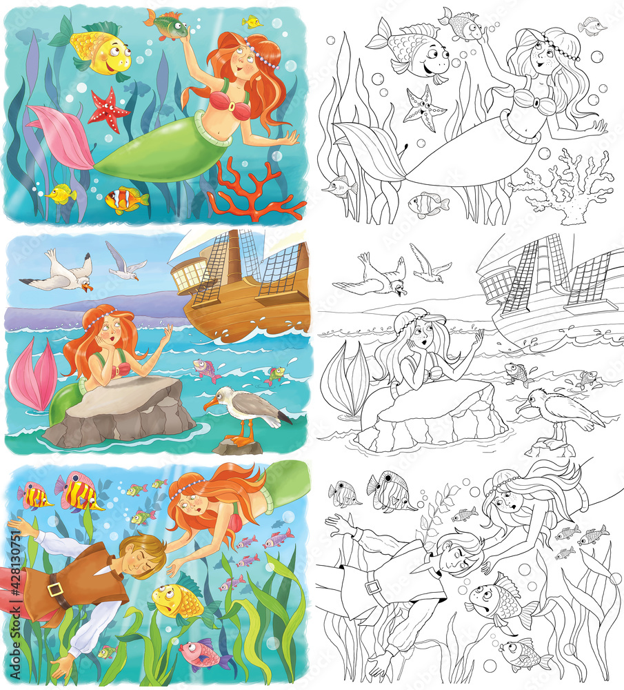 Naklejka premium The little mermaid. Fairy tale. Coloring page. Illustration for children. Cute and funny cartoon characters