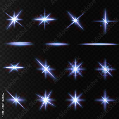 Introducing the effects of vector neon light sets. Glowing blue abstract line. Suitable for transparent lens flare effect. Bright light can be used for game design, banners, posters.