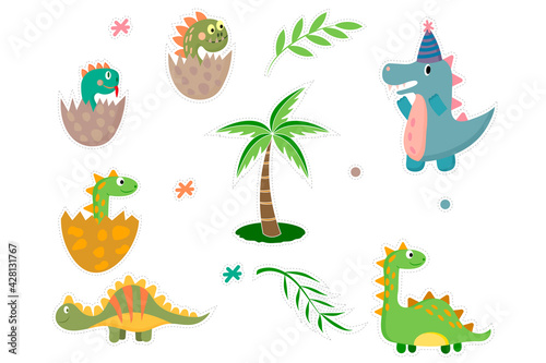 Set of stickers cute dinosaurs  dinosaur in egg  leaves and palm. Vector cartoon illustration.